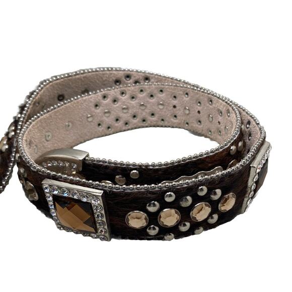 BHW Womens M Belt Leather Faux Cow Fur Rhinestone Western Cowgirl Bling Studded - Picture 2 of 9